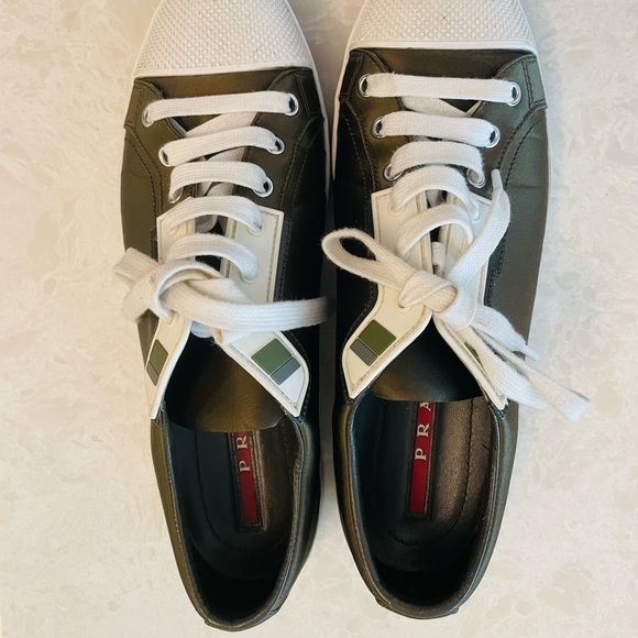 Prada Army Satin White Textured Rubber Cap Toe Logo Low 41 Sneakers - Picture 3 of 3